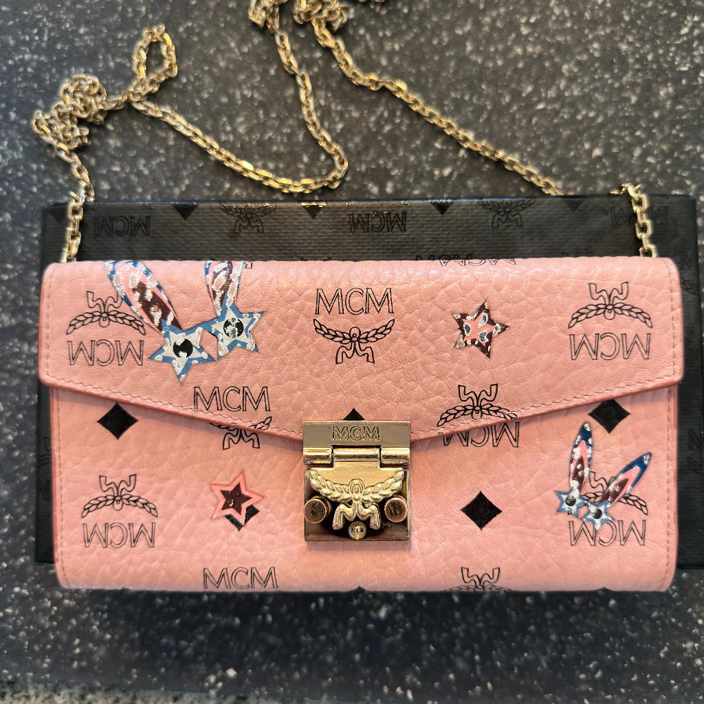 Mcm Pink Visetos Pink Bunny Long Wallet Gold Chain